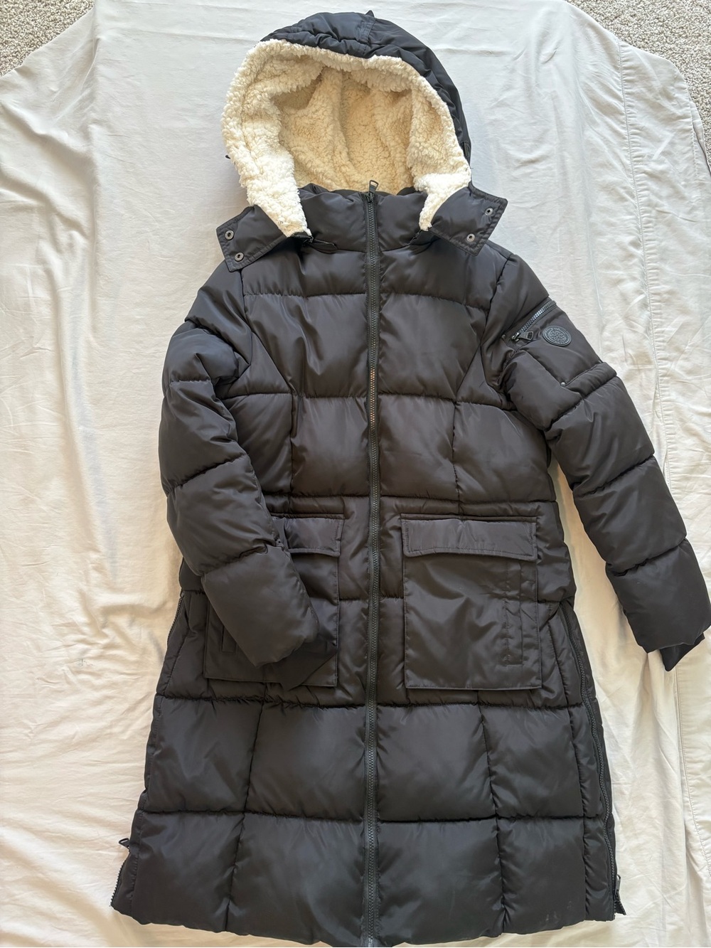Madden Girl Long Black Puffer Coat L Sherpa Hood Side Zip Utility Jacket